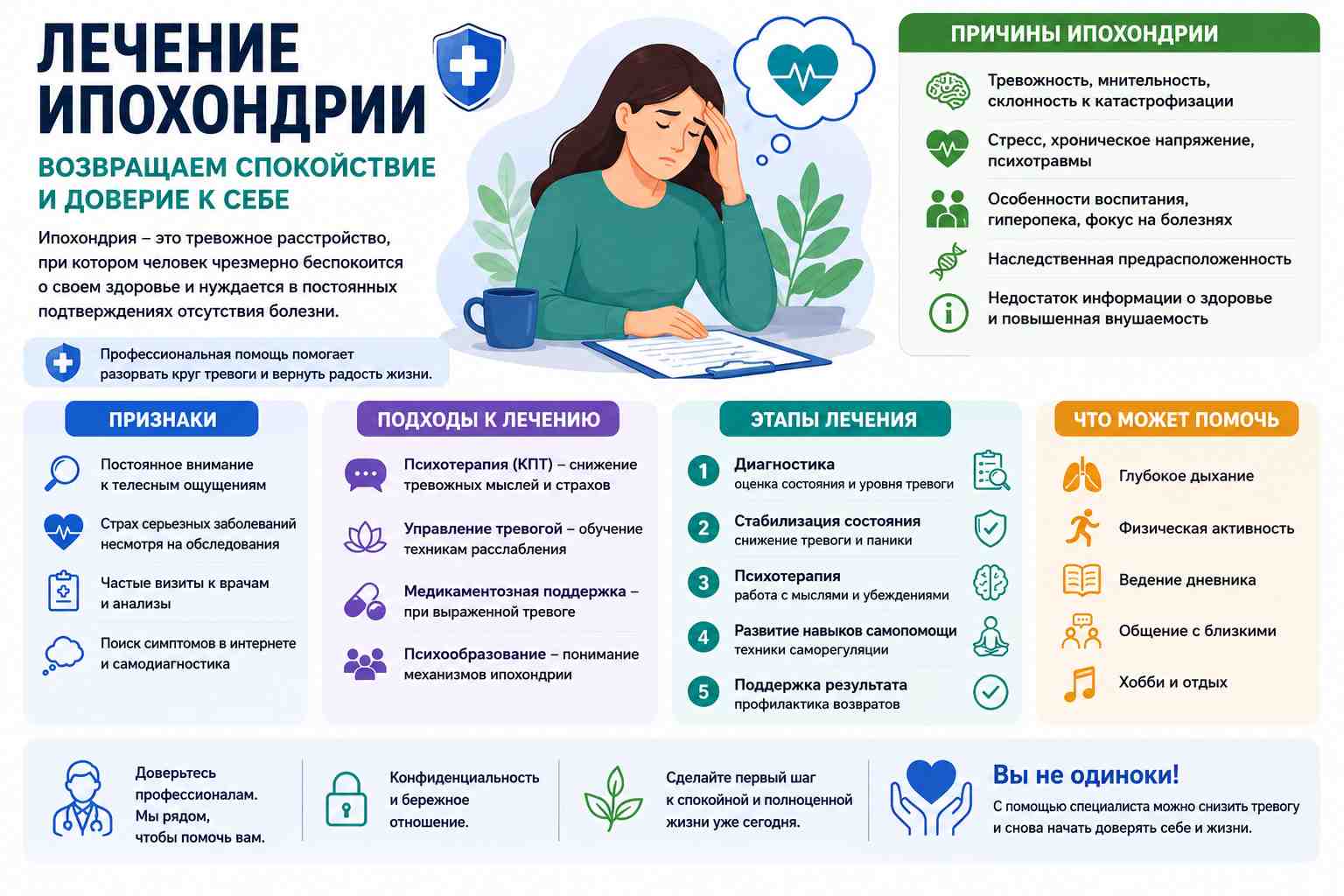 Инфографика о лечении ипохондрии с причинами, симптомами и этапами психотерапевтической помощи пациентам